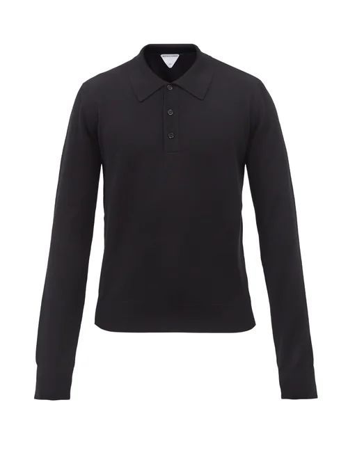 Knitted Wool-blend Long-sleeved Polo Shirt - Mens - Black