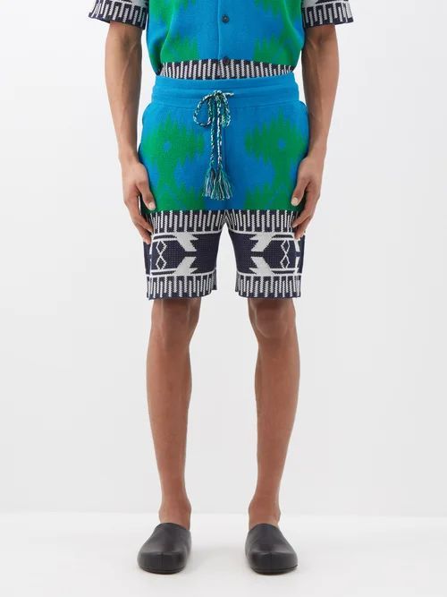 Geometric-jacquard Cotton-blend Piqué Shorts - Mens - Blue Multi