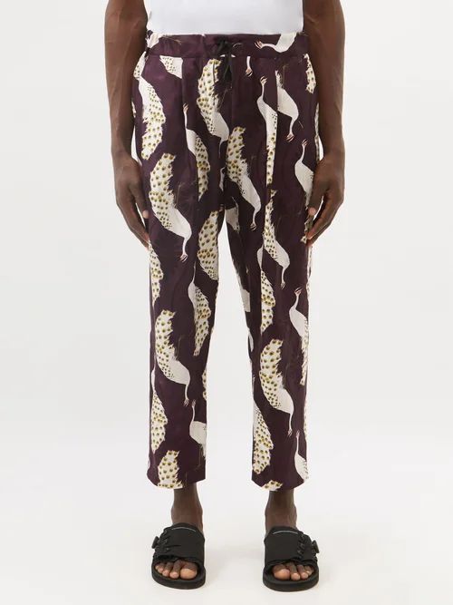 Peacock-print Silk-twill Trousers - Mens - Purple Multi
