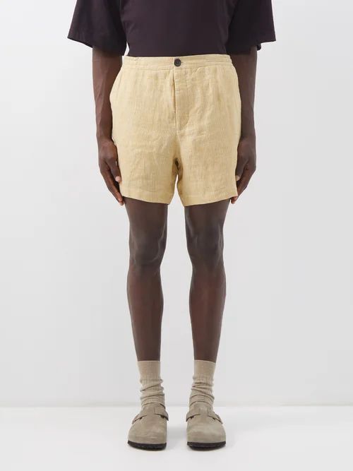 Osbourne Striped Linen-twill Shorts - Mens - Yellow