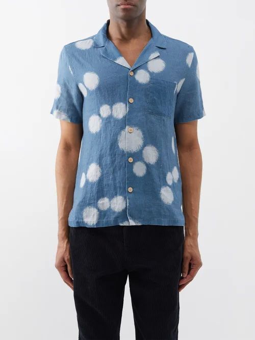 Cuban-collar Dot-print Ramie Shirt - Mens - Indigo