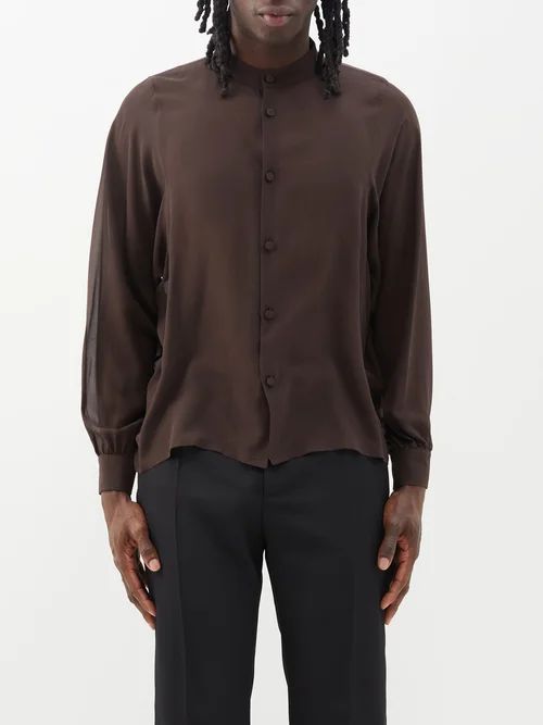 Balloon-sleeve Silk-georgette Shirt - Mens - Brown