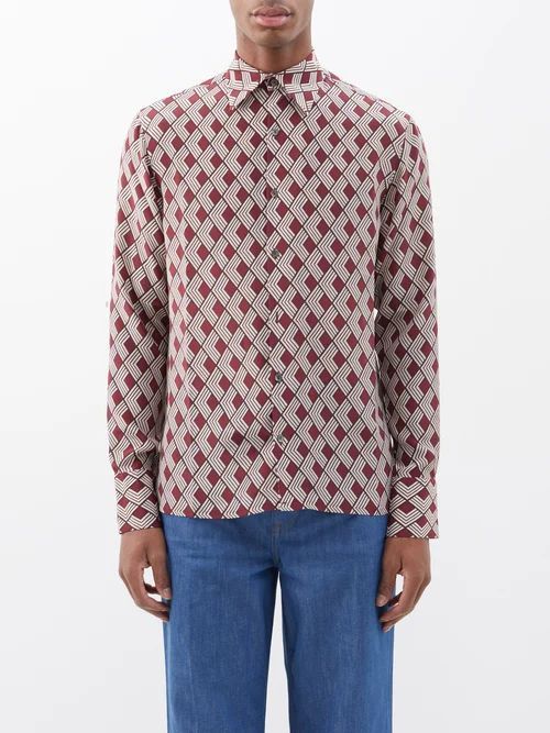Geometric-print Silk Crepe De Chine Shirt - Mens - Red Multi