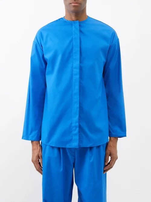 Collarless Cotton-poplin Shirt - Mens - Blue