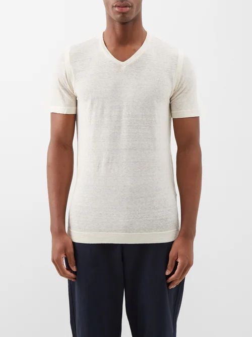 120% Lino - V-neck Linen T-shirt - Mens - Natural