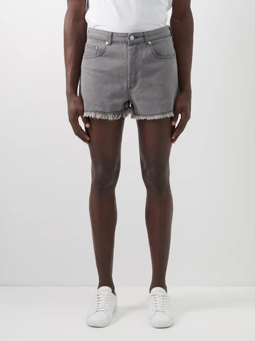 Frayed-hem Denim Shorts - Mens - Grey