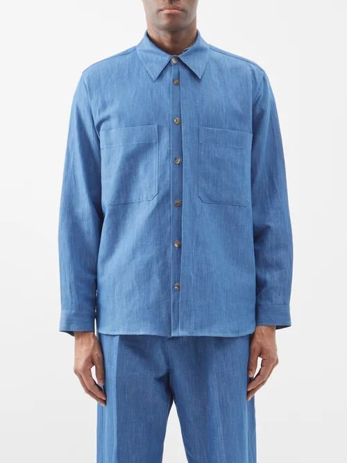 Layered-placket Patch-pocket Cotton-blend Shirt - Mens - Blue