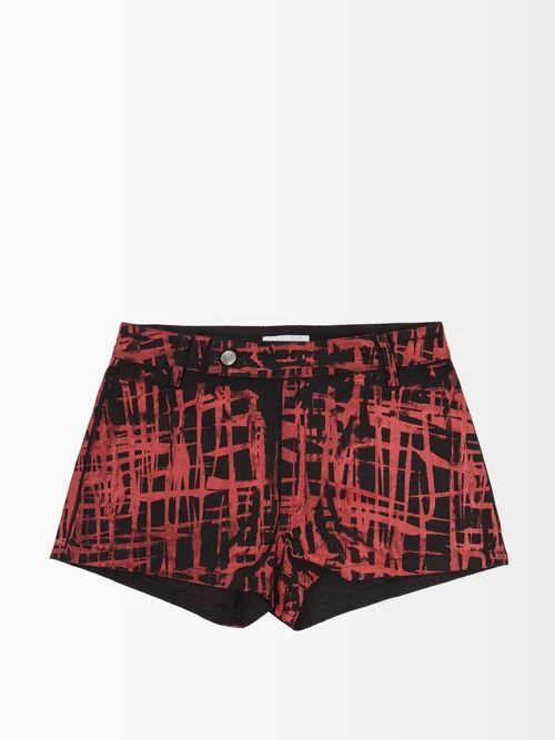 Check-print Denim Shorts - Mens - Red Multi