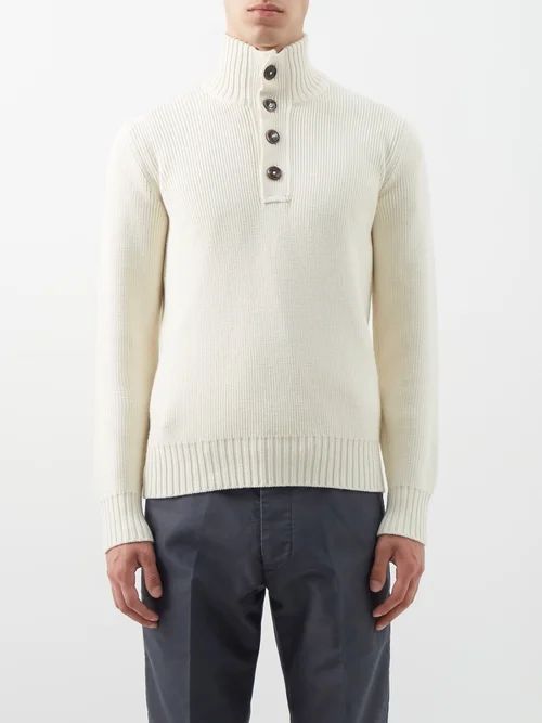 High-neck Ribbed Silk And Wool Sweater - Mens - Cream