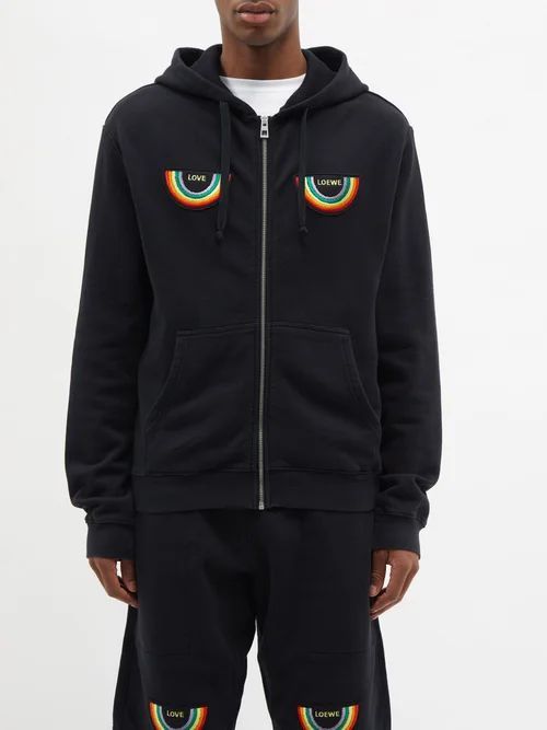 Rainbow-patch Cotton-jersey Hooded Sweatshirt - Mens - Black Multi