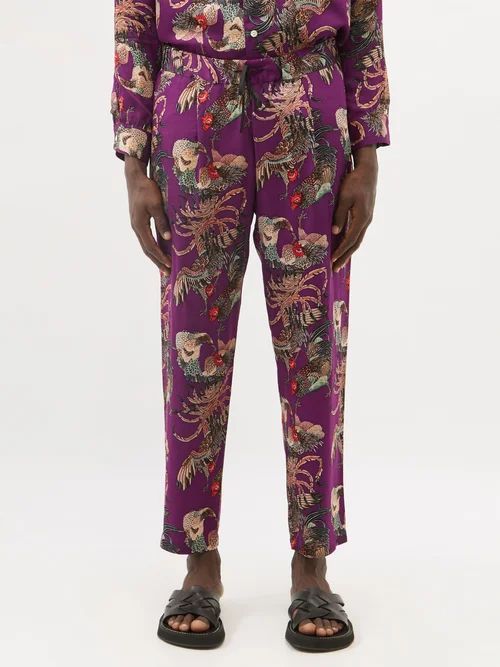 Rooster-print Twill Trousers - Mens - Purple Multi