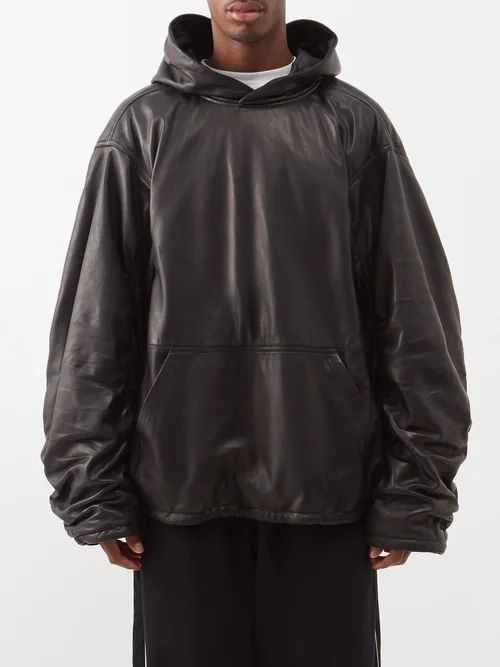 Ruched-sleeve Leather Hooded Sweatshirt - Mens - Black