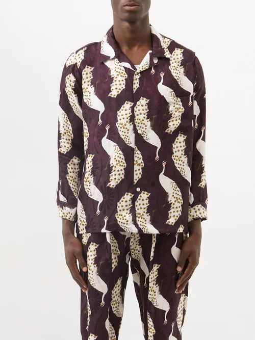 Peacock-print Silk-twill Shirt - Mens - Purple Multi
