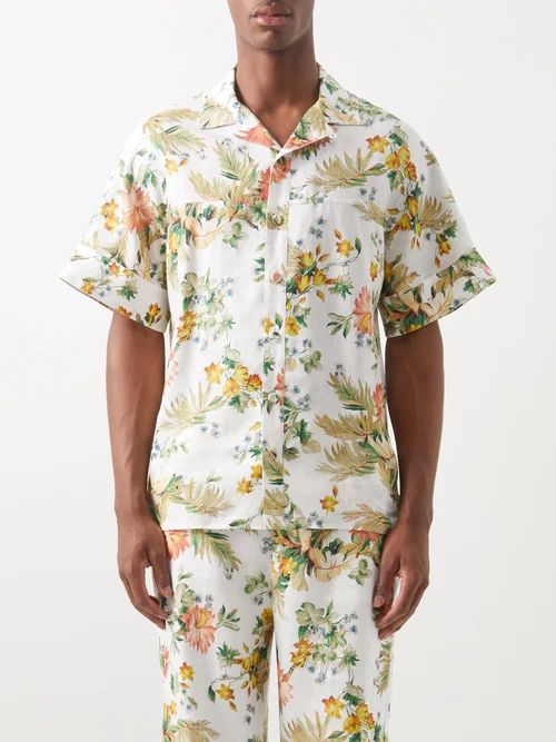 Philip Palm-print Linen Shirt - Mens - White Multi