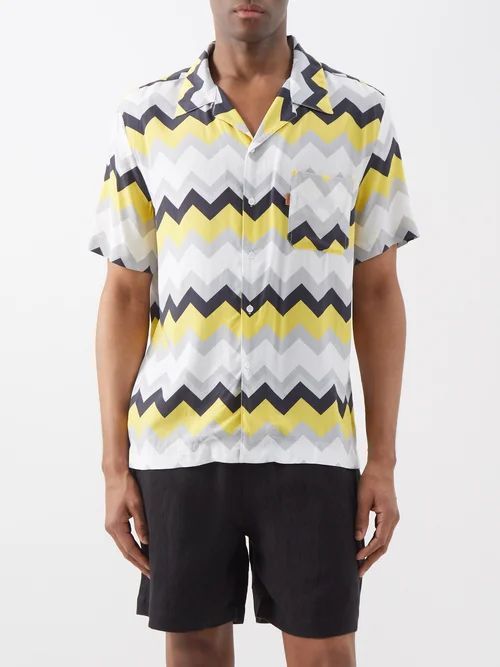 Zigzag-print Cuban Collar Shirt - Mens - Yellow Multi