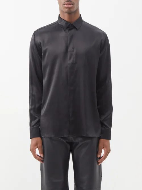 Pleated-cuff Silk-satin Shirt - Mens - Black