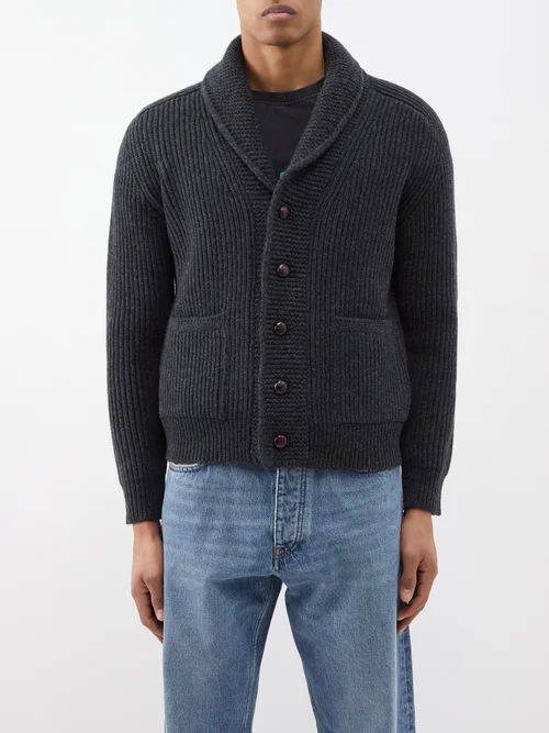 Shawl-collar Ribbed-wool Cardigan - Mens - Dark Grey