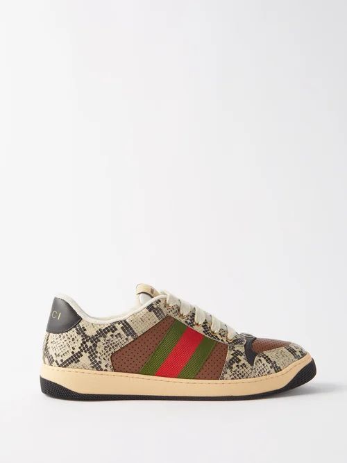 Screener Python-effect Leather Trainers - Mens - Beige Multi
