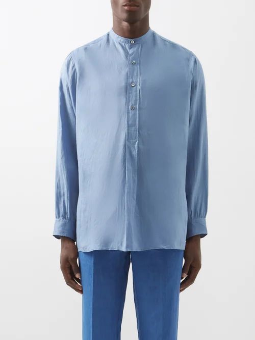 Stand-collar Ramie Shirt - Mens - Blue
