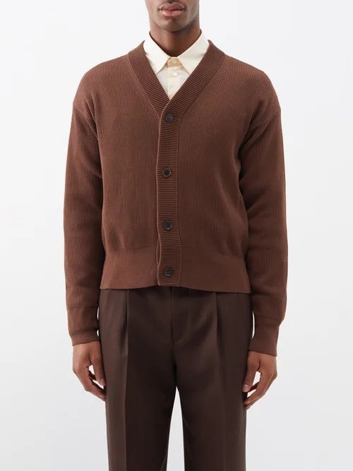 V-neck Cotton Cardigan - Mens - Brown