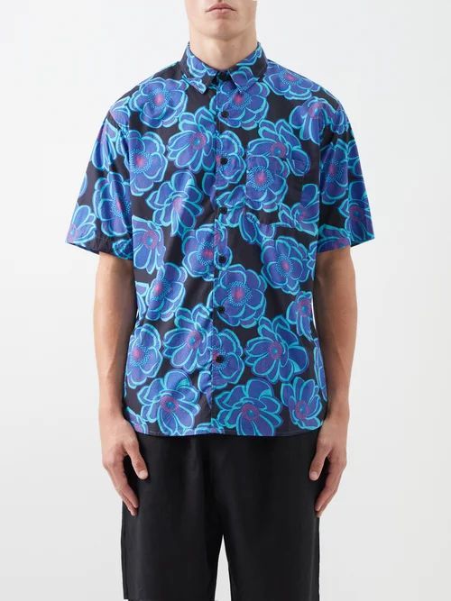 Short-sleeved Floral-print Cotton-poplin Shirt - Mens - Blue