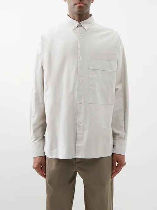 Keble Patch-pocket Cotton Shirt - Mens - Light Grey