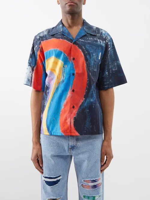 Rainbow-print Cotton Bowling Shirt - Mens - Blue Multi