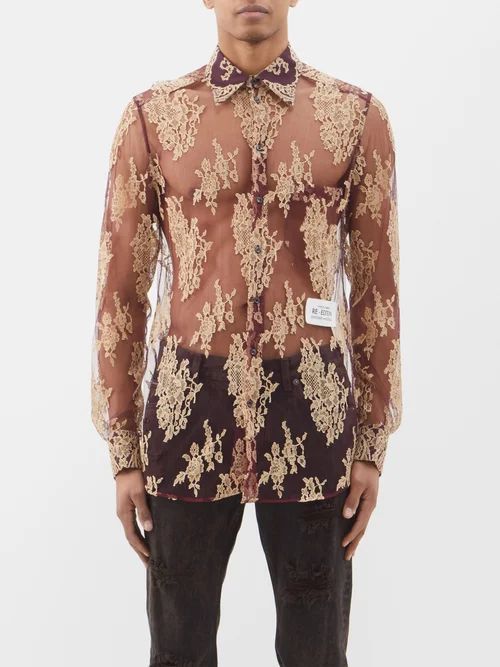 Re-edition Lace-embroidered Mesh Shirt - Mens - Gold