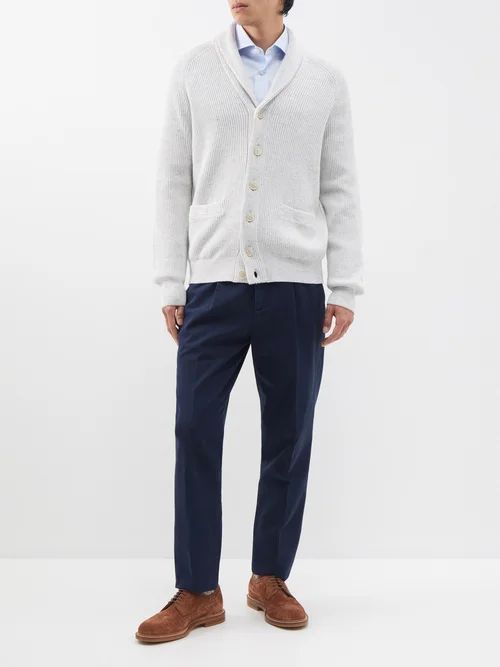 Shawl-neck Ribbed Cotton-blend Cardigan - Mens - Light Grey