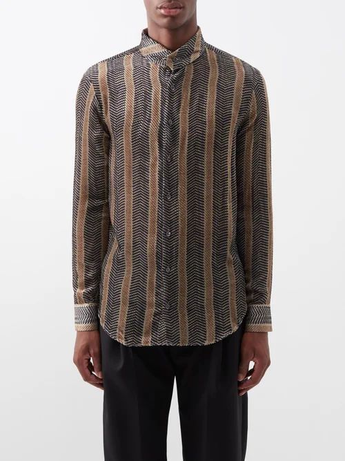 Stand-collar Striped-jacquard Shirt - Mens - Brown
