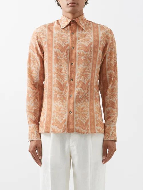 Floral-print Silk Shirt - Mens - Orange Multi