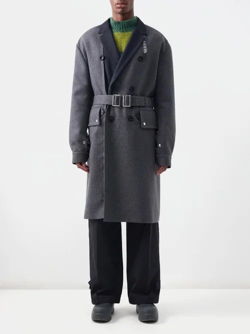 Double-breasted Belted Felt Coat - Mens - Grey
