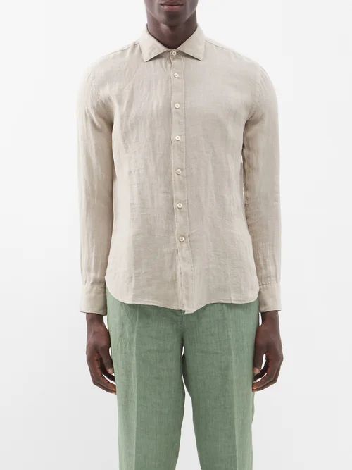 120% Lino - Long-sleeved Linen Shirt - Mens - Khaki