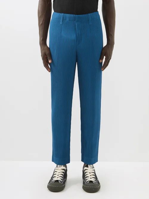 Technical-pleated Tapered-leg Trousers - Mens - Blue