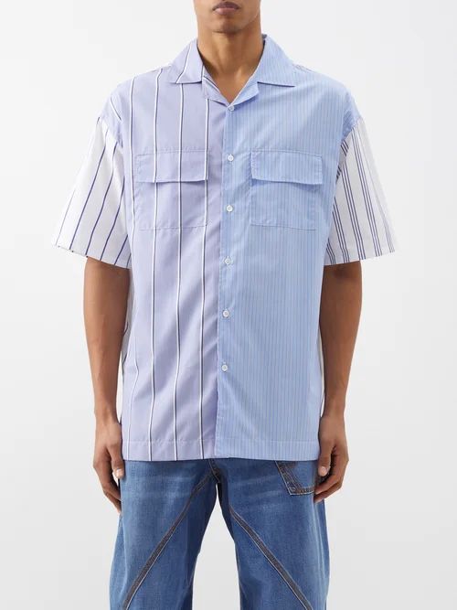 Patchwork Striped Cotton-blend Poplin Shirt - Mens - White Blue Multi