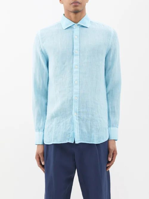120% Lino - Cutaway-collar Linen Shirt - Mens - Light Blue