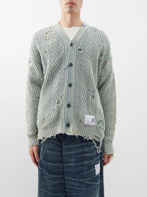 Distressed Bleached-cotton Cardigan - Mens - Green