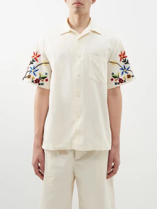 Idris Floral-embroidered Cotton-blend Shirt - Mens - Cream Multi