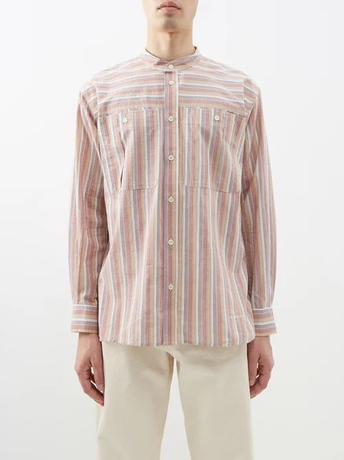 Stand-collar Striped Cotton Shirt - Mens - Multi