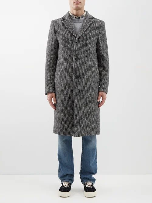 Jack Herringbone Single-breasted Wool Coat - Mens - Black White