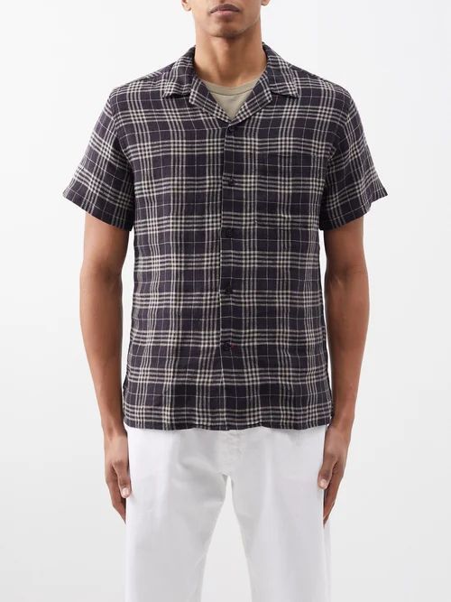 Cuban-collar Checked Linen Shirt - Mens - Black Multi