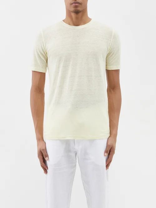 120% Lino - Crew-neck Linen-jersey T-shirt - Mens - Yellow