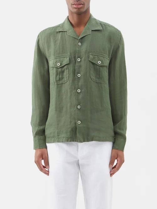 120% Lino - Cuban-collar Flap-pocket Linen Shirt - Mens - Green