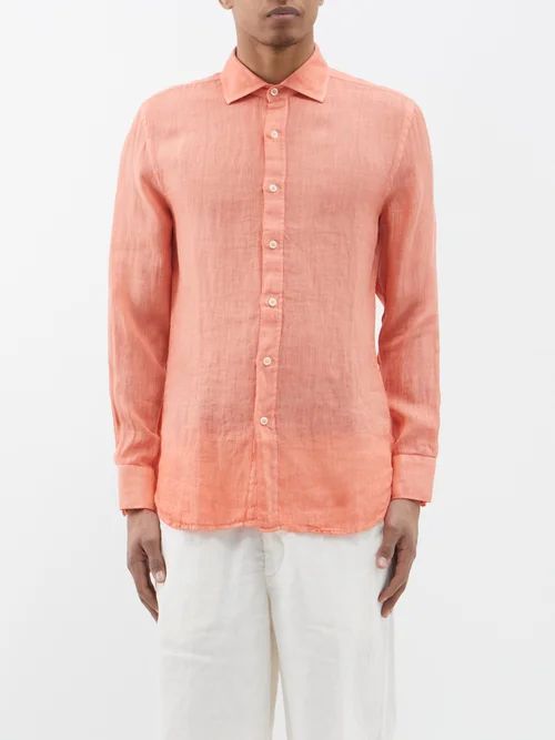 120% Lino - Long-sleeved Linen Shirt - Mens - Orange