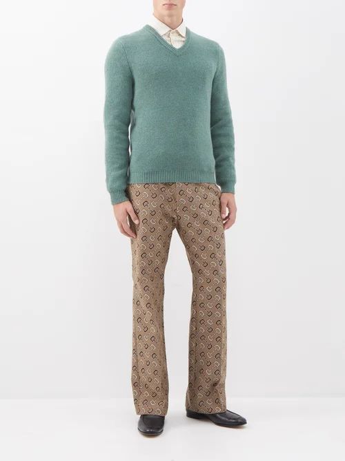 V-neck Wool Sweater - Mens - Green
