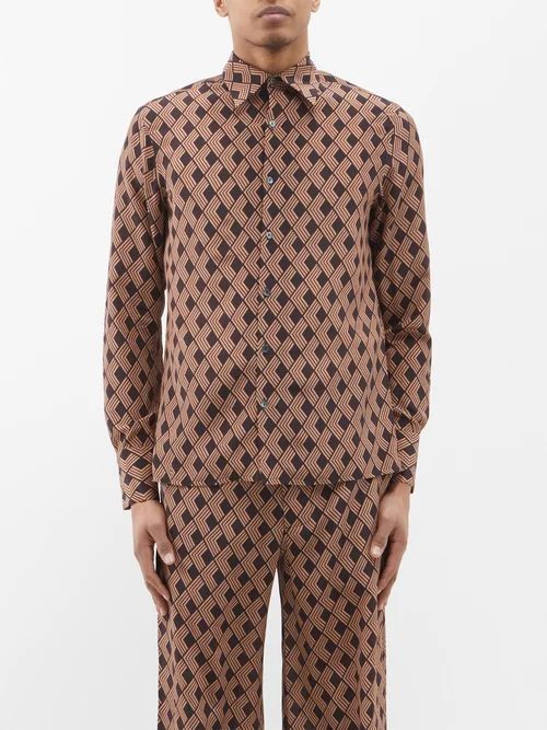 Geometric-print Silk-twill Shirt - Mens - Brown Multi