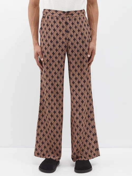 Geometric-print Silk-twill Trousers - Mens - Brown Multi