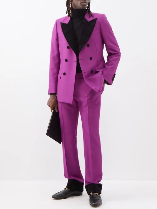 Velvet-cuff Canvas Suit Trousers - Mens - Fuchsia