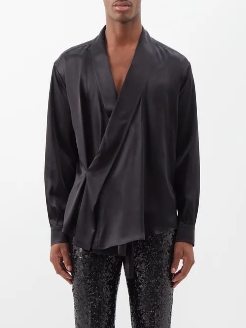 Silk-satin Wrap Shirt - Mens - Black