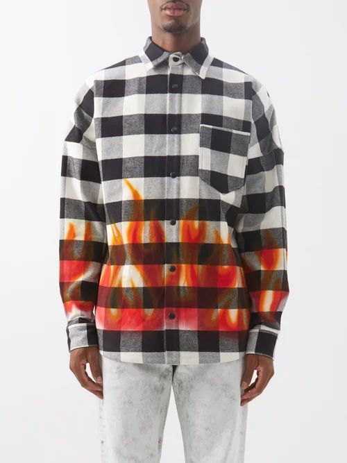 Flames-print Checked Cotton Overshirt - Mens - Black White Multi